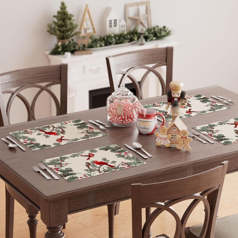 XCHI Cardinal Birds Winter Pine Tree Christmas Xmas Placemats Set of 4 Table Mats for Party Home Kitchen Dining Table Decorations 12x18 Inch - Image 4